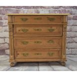 ANTIQUE PINE FOUR-DRAWER COMMODE, with art nouveau handles, moulded drawer fronts, carved