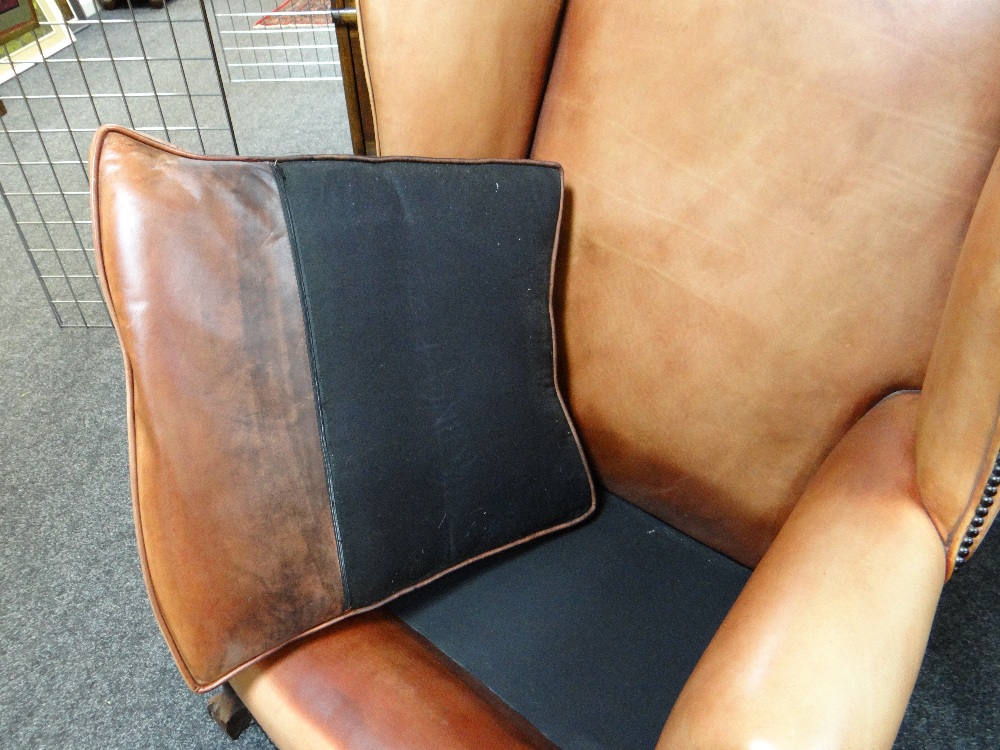 GEORGIAN-STYLE LEATHER WINGBACK ARMCHAIR, close -nailed faded red leather upholstery, claw and - Image 16 of 20