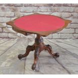 MID-VICTORIAN BURR WALNUT SERPENTINE CARD TABLE, fold-over top, red baize playing surface, carved