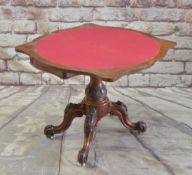 MID-VICTORIAN BURR WALNUT SERPENTINE CARD TABLE, fold-over top, red baize playing surface, carved