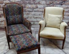TWO EDWARDIAN MAHOGANY & BOXWOOD STRUNG ARMCHAIRS, one with concealed foldout footstool (2)