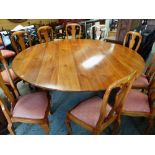 LARGE MODERN FRUITWOOD CIRCULAR DINING TABLE & SET TEN BEECH DINING CHAIRS, table with cabriole legs