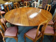 LARGE MODERN FRUITWOOD CIRCULAR DINING TABLE & SET TEN BEECH DINING CHAIRS, table with cabriole legs