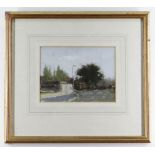 KEN MORONEY oil on paper - street scene with trees and lamp post, entitled verso 'London Street',