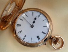 LATE VICTORIAN 18CT GOLD HALF HUNTER FOB WATCH, case back with engraved initials, the white enamel