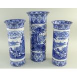 THREE LARGE CAULDON 'BLUE CHARIOTS' BLUE & WHITE' PRINTED CYLINDER VASES, all with flared rims,