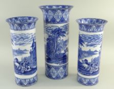 THREE LARGE CAULDON 'BLUE CHARIOTS' BLUE & WHITE' PRINTED CYLINDER VASES, all with flared rims,