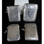 FOUR SIMILAR SILVER VESTA CASES, all overall engraved, one a valentine vesta engraved to 'Lt. Bath