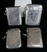 FOUR SIMILAR SILVER VESTA CASES, all overall engraved, one a valentine vesta engraved to 'Lt. Bath