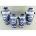 TWO PAIRS OF CAULDON 'BLUE CHARIOTS' BLUE & WHITE' PRINTED VASES, of oviform with fixed ring
