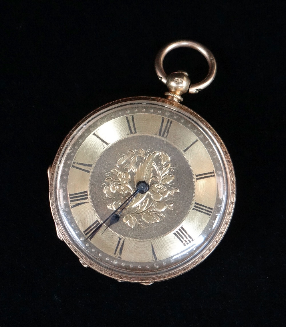 18K GOLD FOB WATCH, overall engraved, the dial having Roman numerals and foliate decoration, 32.4gms