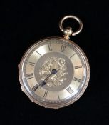 18K GOLD FOB WATCH, overall engraved, the dial having Roman numerals and foliate decoration, 32.4gms