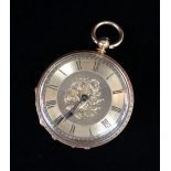 18K GOLD FOB WATCH, overall engraved, the dial having Roman numerals and foliate decoration, 32.4gms