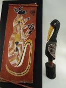 AUSTRALIAN ABORIGINAL BARK PRINTING & BIRD TOTEM, Arnhemland Northern Territory, former painted with