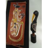 AUSTRALIAN ABORIGINAL BARK PRINTING & BIRD TOTEM, Arnhemland Northern Territory, former painted with