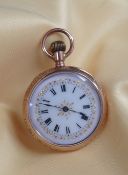 YELLOW METAL & ENAMEL WALTHAM FOB WATCH, the white enamel dial having pink and gilt border and Roman