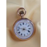 YELLOW METAL & ENAMEL WALTHAM FOB WATCH, the white enamel dial having pink and gilt border and Roman