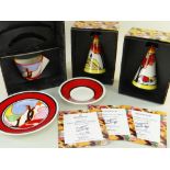 TWO WEDGWOOD CLARICE CLIFF BIZARRE CONICAL SIFTERS & A TRIO, comprising House & Bridge pattern