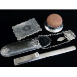 FOUR ITEMS OF COLLECTABLE SILVER, comprising early Victorian card case, Birmingham 1854 by Alfred