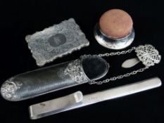 FOUR ITEMS OF COLLECTABLE SILVER, comprising early Victorian card case, Birmingham 1854 by Alfred