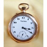 9CT GOLD SLIM OPEN FACE POCKET WATCH, the white enamel dial marked 'Peerless' having subsidiary