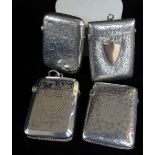 FOUR SIMILAR SILVER VESTA CASES, of rectangular form, all engraved, one with initials, late 19th /