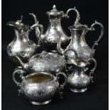 ASSORTED EPNS COFFEE & TEPOTS, including a Victorian four piece tea and coffee set with engraved '