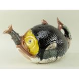 VICTORIAN MAJOLICA FISH TEAPOT & COVER, the spout modelled as the tail of a small fish, 28cms long