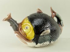 VICTORIAN MAJOLICA FISH TEAPOT & COVER, the spout modelled as the tail of a small fish, 28cms long