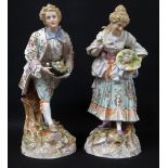 PAIR LARGE VOLKSTEDT PORCELAIN FIGURES, of Georgian rustics gathering flowers in their hats, on