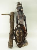 SEPIK RIVER STANDING FIGURE, 90cms and WOVEN FIBRE MASK, 50cms,SE ASIAN BAMBOO CONTAINER, 79cms