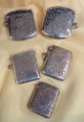 FIVE SIMILAR SILVER VESTA CASES, all overall engraved, Birmingham hallmarks, late 19th and early