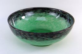 SCOTTISH MONART-STYLE GLASS BOWL, mottled green and grey with aventurine, ground pontil, 30cms