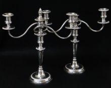 PAIR MODERN ELECTROPLATED THREE-LIGHT CANDELABRA, of Neoclassical form, reeded S-shaped arms on