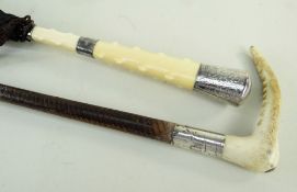 A GOOD GEORGE V PARASOL & CARRIAGE WHIP, the parasol with silver mounted ivory handle carved as a