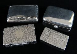 FOUR SILVER SNUFF BOXES comprising Edward VII rectangular engraved snuff box, Birmingham 1905, J H