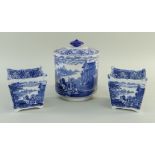 PAIR CAULDON 'BLUE CHARIOTS' BLUE & WHITE' PRINTED BULB POTS & TOCACCO JAR & COVER, jar 14.5cms