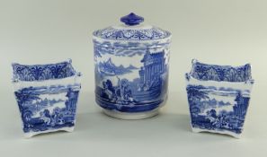 PAIR CAULDON 'BLUE CHARIOTS' BLUE & WHITE' PRINTED BULB POTS & TOCACCO JAR & COVER, jar 14.5cms