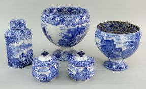 TWO CAULDON 'BLUE CHARIOTS' BLUE & WHITE' PRINTED ROSEBOWLS, TEA CADDY & PAIR COVERED JARS,