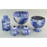 TWO CAULDON 'BLUE CHARIOTS' BLUE & WHITE' PRINTED ROSEBOWLS, TEA CADDY & PAIR COVERED JARS,