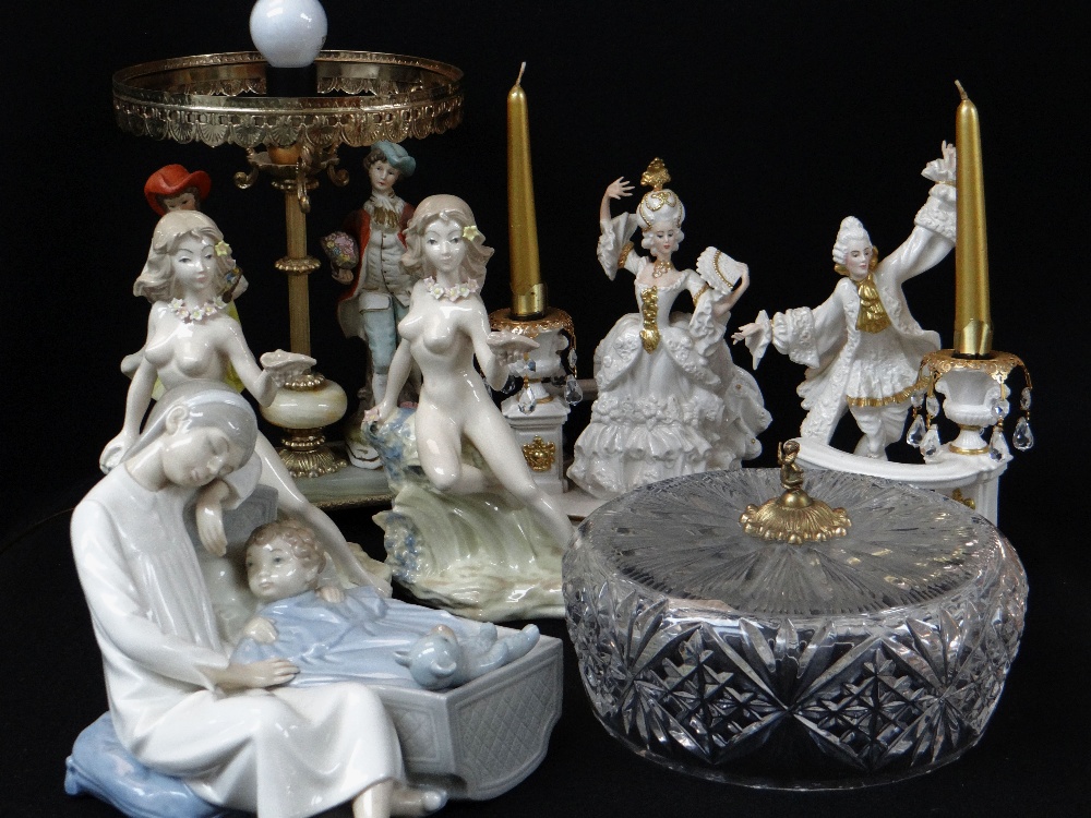 ASSORTED CONTINENTAL CHINA FIGURES, including pair bisque piano babies, pair 'House of Faberge'