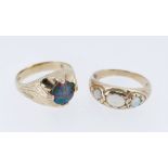 TWO 9CT GOLD OPAL RINGS comprising one set with single black opal triplet (size T) together with