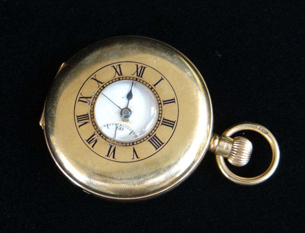 GEORGE V 9CT GOLD HALF HUNTER POCKET WATCH, the white enamel dial with subsidiary seconds dial and - Image 2 of 3