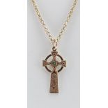 9CT GOLD PENDANT ON CHAIN, the pendant designed as a Celtic gem set cross, on 9ct chain, 52cms long,