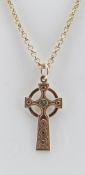 9CT GOLD PENDANT ON CHAIN, the pendant designed as a Celtic gem set cross, on 9ct chain, 52cms long,