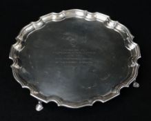 MODERN SILVER SALVER, Birmingham 1940, with pie crust rim and presentation inscription dated 1960,