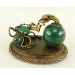 CONTINENTAL GILT BRONZE & MALACHITE DESK CLIP, modelled with a snake entwined betwixt fruiting vine,