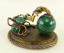 CONTINENTAL GILT BRONZE & MALACHITE DESK CLIP, modelled with a snake entwined betwixt fruiting vine,