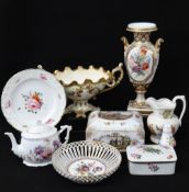 ASSORTED CONTINENTAL & ENGLISH FLORAL PAINTED PORCELAIN including Herend box and cover, Dresden gilt