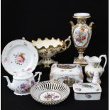 ASSORTED CONTINENTAL & ENGLISH FLORAL PAINTED PORCELAIN including Herend box and cover, Dresden gilt